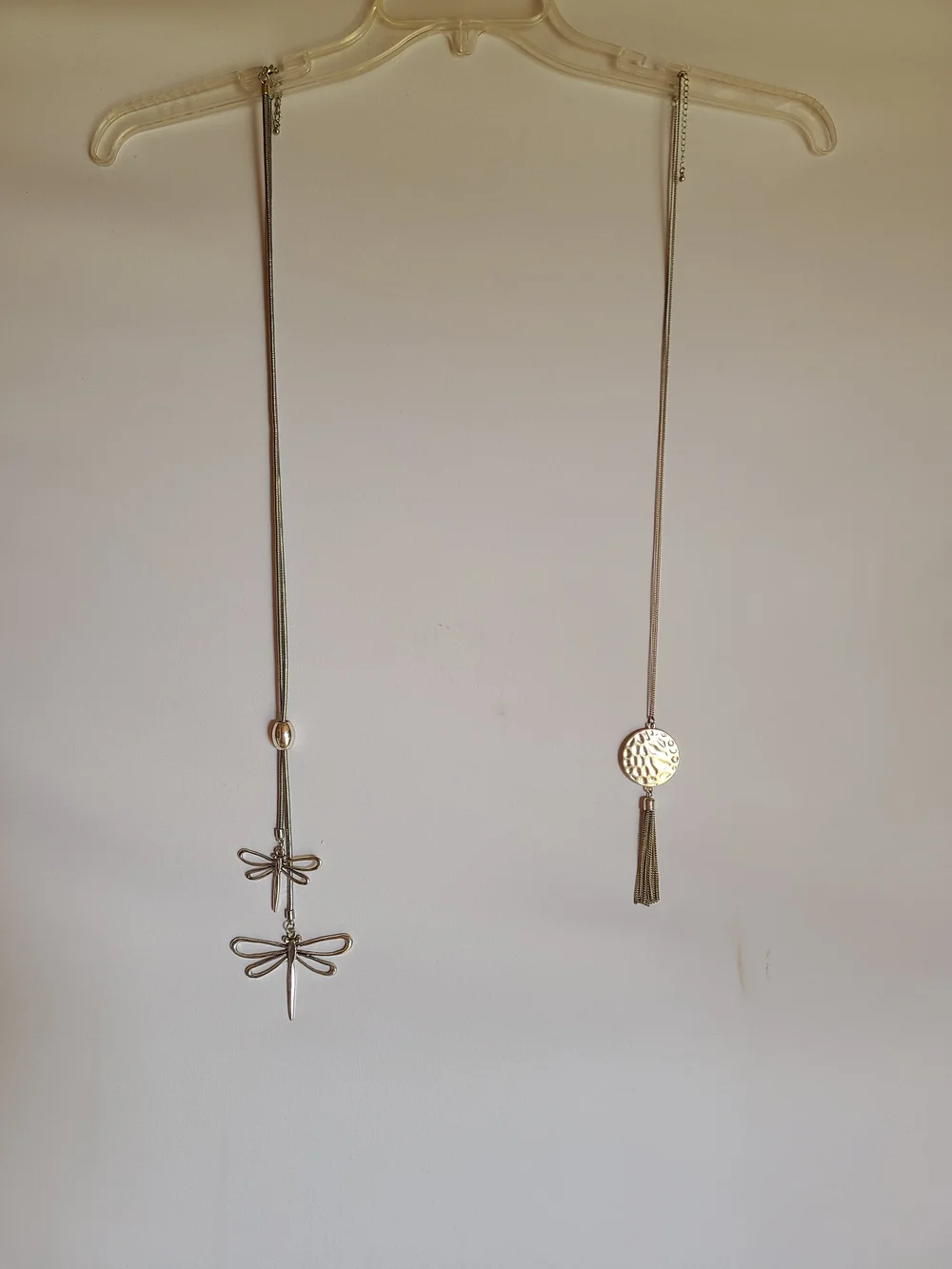 Set of 2 Silver Boho Necklaces | Tiered Dragonfly & Hammered Tassel